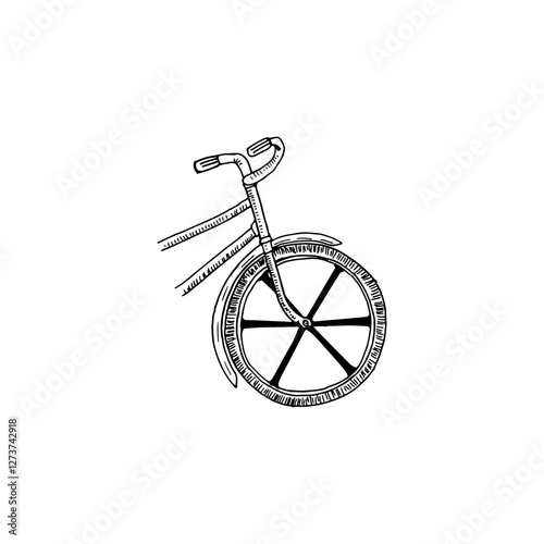 Hand-drawn front wheel and front part of bicycle vintage style vector logo.