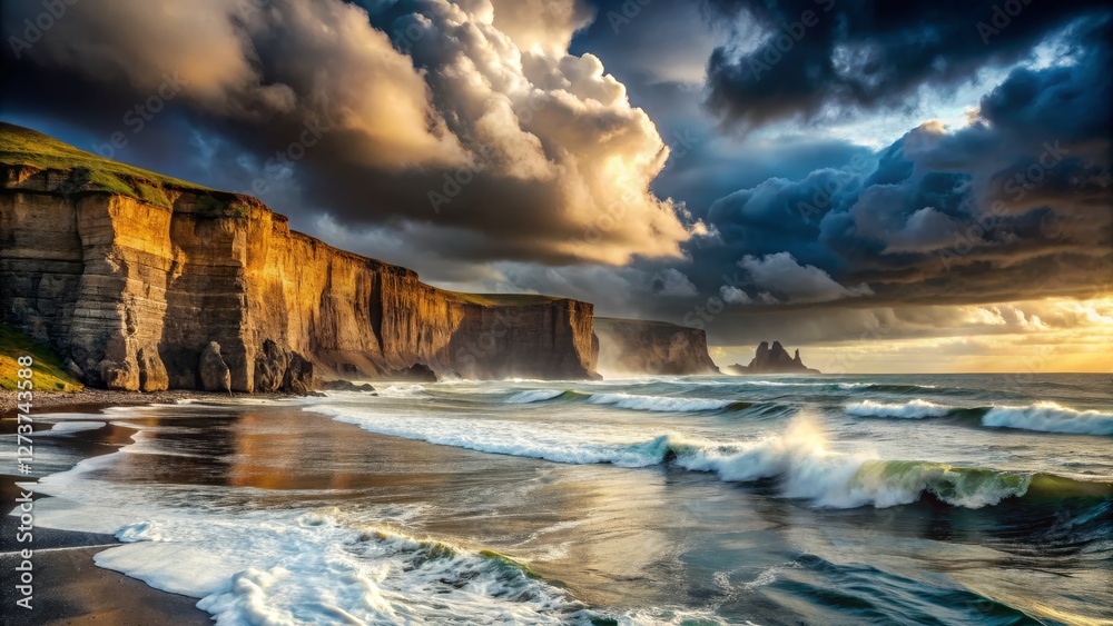 Fototapeta premium Majestic Ocean Waves Crash Against Dramatic Cliffside Landscape