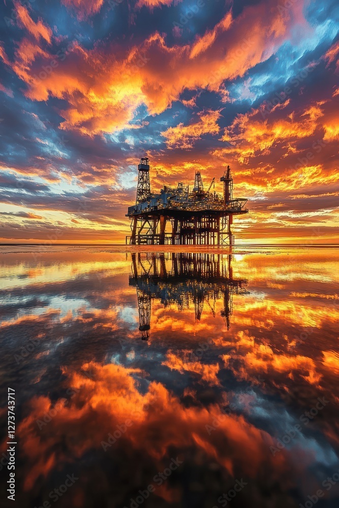 Offshore oil rig at sunset, reflecting in calm waters; industrial energy production Offshore oil rig at sunset, reflecting in calm waters; industrial energy production
