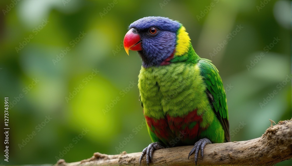 Colorful Parrot Perched on Branch in Lush Green Environment Colorful Parrot Perched on Branch in Lush Green Environment