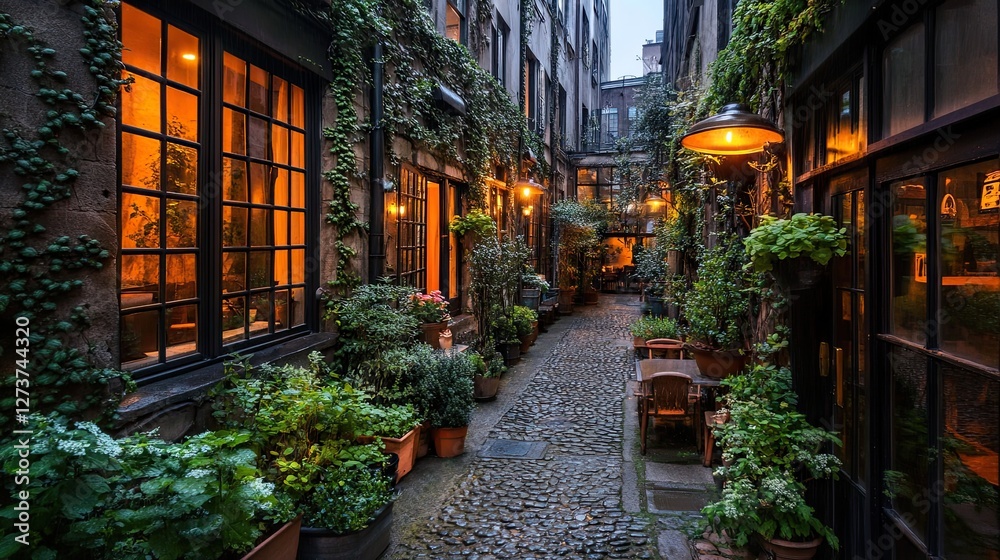 Fototapeta premium Charming Cobblestone Alleyway Illuminated Evening Ambiance