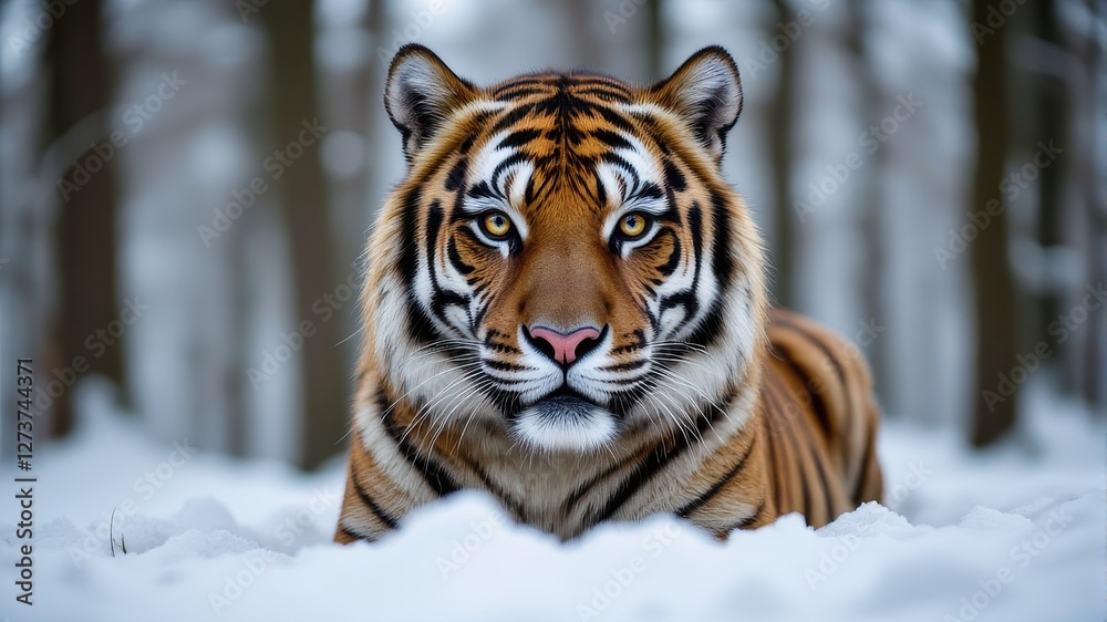 Obraz premium Majestic Tiger in Snowy Forest Landscape Capturing Wild Beauty
