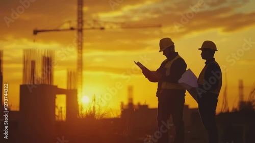 Construction workers review blueprints during sunset in an urban development site
