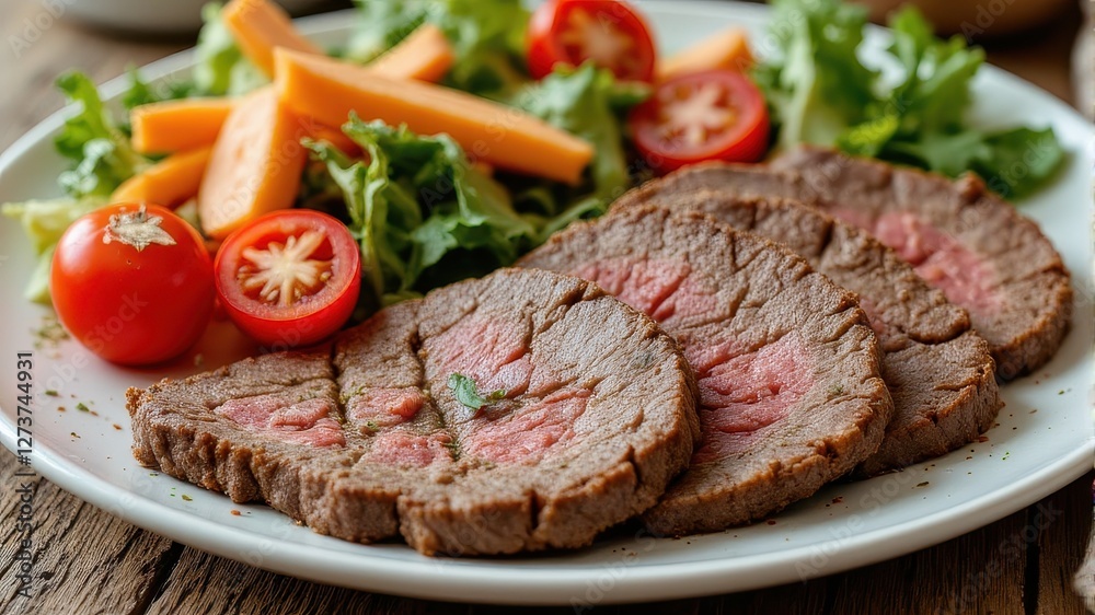 Sliced Tender Beef with Fresh Vegetables on a White Plate Sliced Tender Beef with Fresh Vegetables on a White Plate