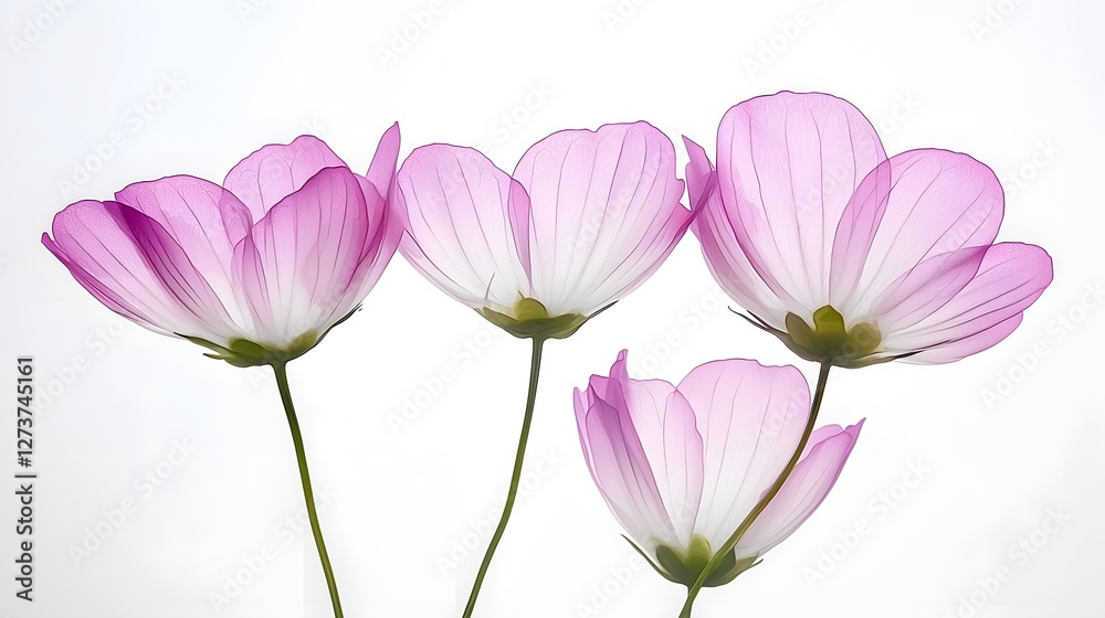 Obraz premium A cluster of delicate vibrant cosmos flowers rendered in soft pastel watercolor washes on a pristine white canvas creating a serene and elegant floral artwork