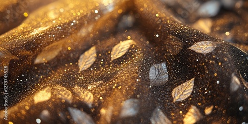 Golden, metallic fabric with leaf-like patterns; its glossy surface catches the light, revealing intricate details and a rich texture in a captivating close-up view photo