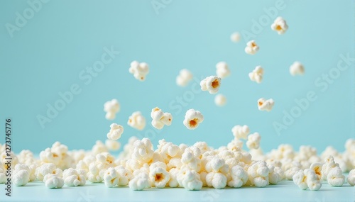 Light and Airy Popcorn Falling Against a Soft Blue Background