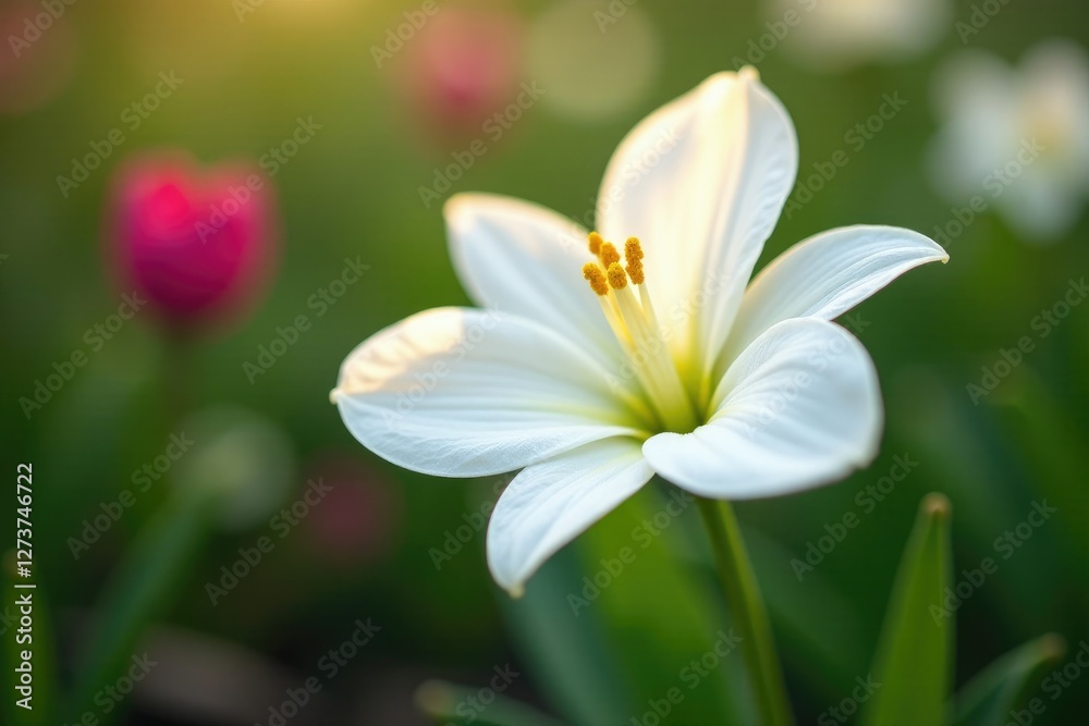 White corolla flower with visible yellow stamens on a green stem, garden, spring White corolla flower with visible yellow stamens on a green stem, garden, spring