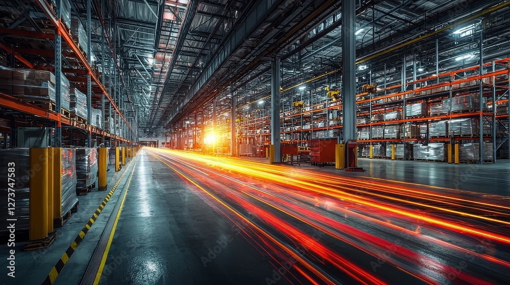 Fototapeta premium Night Warehouse Dynamic Red And Orange Light Trails On Wet Floor
