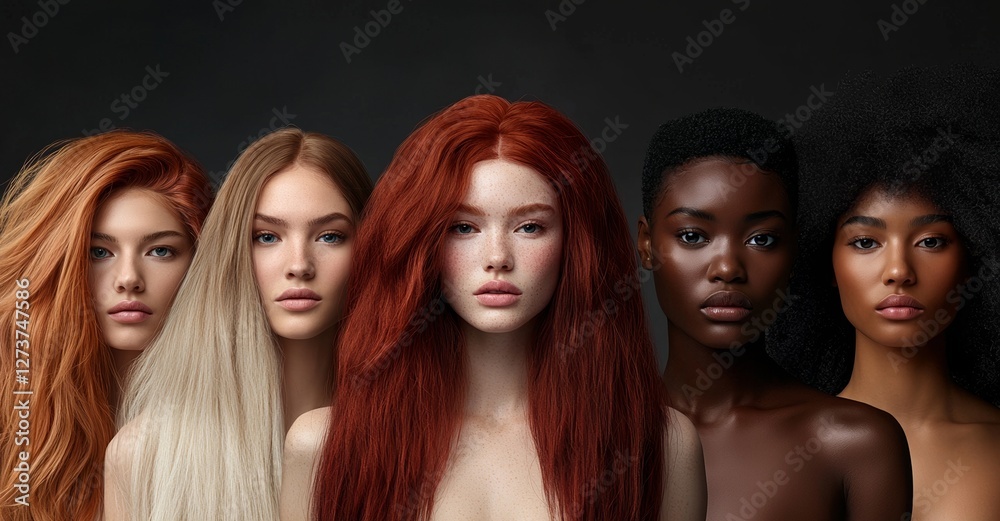 Obraz premium Five models representing different ethnicities and displaying a range of hairstyles are captured in a studio photography setting