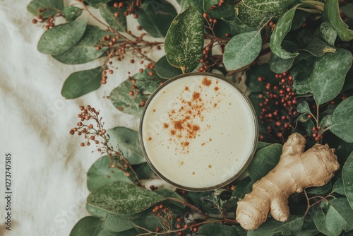 On a simple, unrefined burlap cloth, a ginger shot is viewed from an overhead perspective