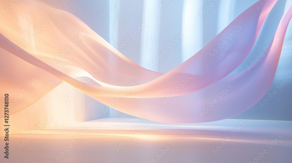 Fototapeta premium Soft, flowing pastel pink and peach fabric drapes elegantly across a bright white surface, illuminated by soft, warm light. The sheer material creates delicate shadows and highlights.