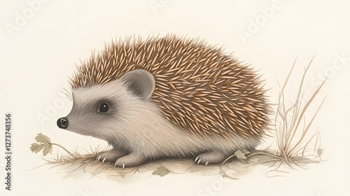 Adorable tiny hedgehog with delicate spines blending into a whimsical earthy watercolor woodland scene with soft warm brown and golden tan tones