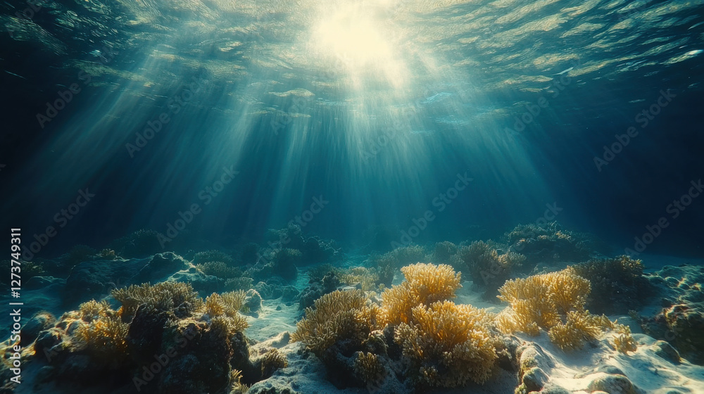 Obraz premium Beneath ocean, sunlight filters through water, illuminating coral reefs