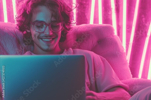 Positive emotions are conveyed by a man in glasses and a white shirt who is seated next to a laptop in a room with dark surroundings and neon lighting