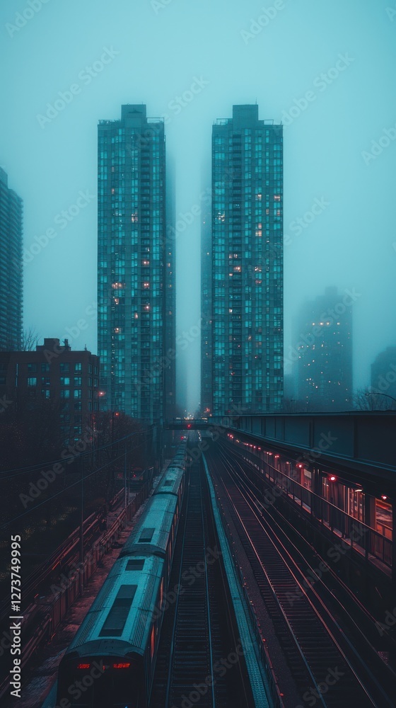 Fototapeta premium Cityscape Train Tracks Foggy Towers Evening Commute