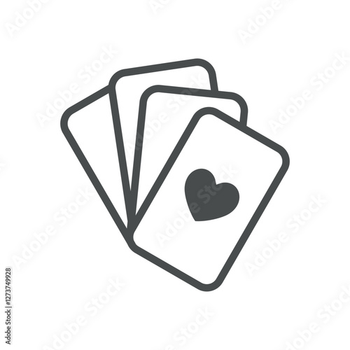 Playing Cards Icon. Thin Line Illustration of Fanned Poker Deck with Heart Suit, Symbolizing Gambling, Strategy, and Luck. Isolated Outline Vector Sign.
