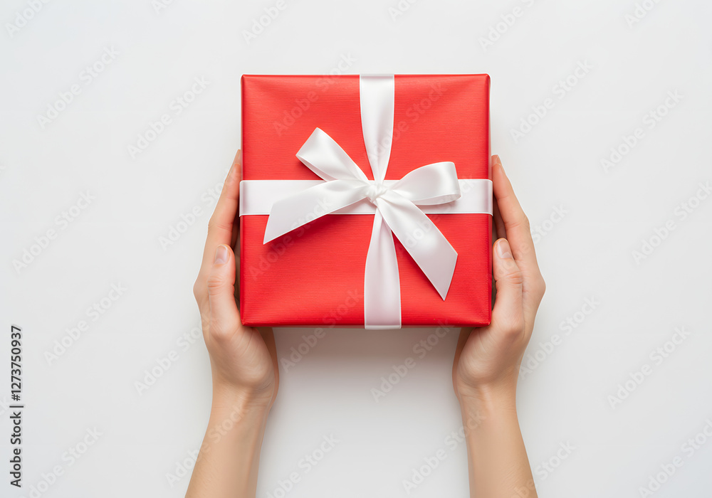 Woman Holding Red Gift Box with White Ribbon, Generative AI image, Person Giving Present, Generative AI image Woman Holding Red Gift Box with White Ribbon, Generative AI image, Person Giving Present, Generative AI image