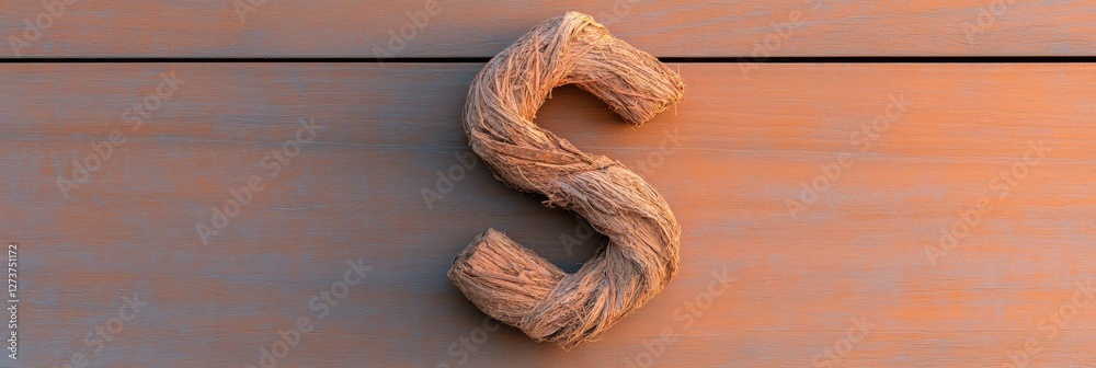 Obraz premium Eco-Chic Financial Decor Textured Dollar Sign in Rustic Fiber on Wooden Background Sustainable Aesthetic for Green Economy Branding and Conscious Workspace Design