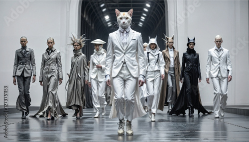 Full body, anthropomorphic white cat Wearing Armani fashionable men's clothing and shoes, A tall and slender figure, high-end design style, Paris Fashion Show, Pure gray ground, Performance art photos