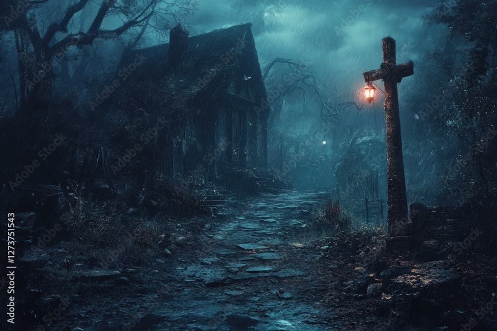 Naklejka premium Eerie, dark night path leads to a mysterious house.