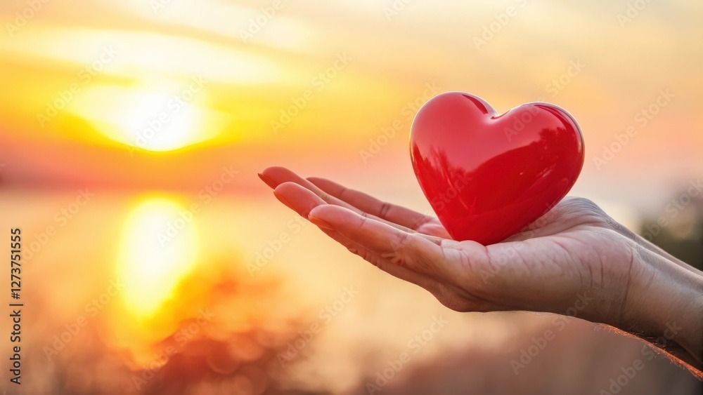 Fototapeta premium a red heart on the palm of your hand at sunset