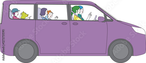 側面から見たミニバン。笑顔で楽しくドライブする家族。