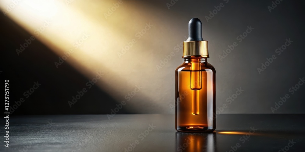 Amber dropper bottle with a rounded body and a narrow neck casts a warm, golden shadow on a smooth, dark surface, highlighting its sleek design and modern feel , morden feel, dark surface Amber dropper bottle with a rounded body and a narrow neck casts a warm, golden shadow on a smooth, dark surface, highlighting its sleek design and modern feel , morden feel, dark surface