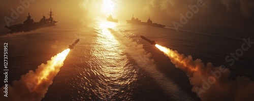 Missiles above the ocean. Several missiles flying low over a shimmering ocean, their fiery exhaust reflected in the water as distant naval ships. photo