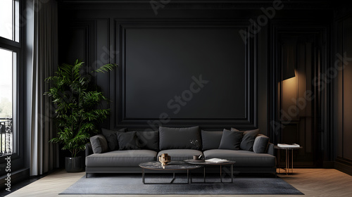 diseño de habitacion de sala en una casa moderna y contemporanea en colores oscuros gris y negro con ventanales que dan la entrada del luz elegancia y estilo sofisticado