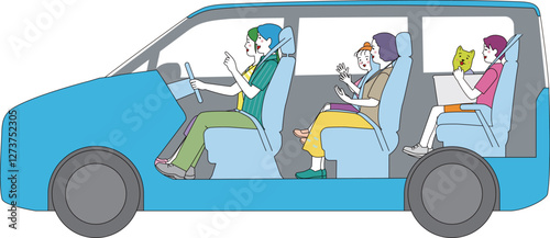 側面から見たミニバンの車内。笑顔で楽しくドライブする家族。