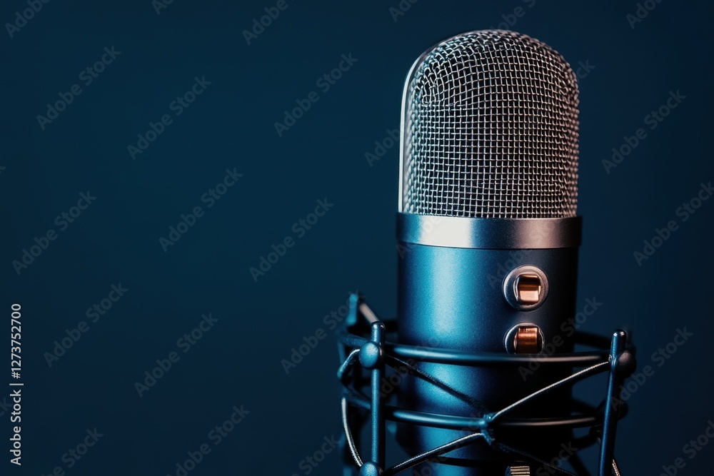 Studio microphone stands elegantly against a deep blue background Studio microphone stands elegantly against a deep blue background