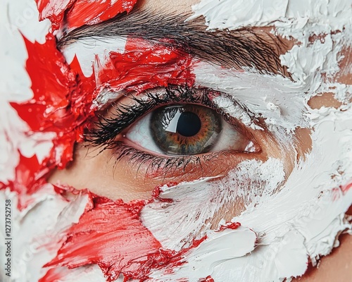 Closeup of a young woman with a face painted in the colors of the Canadian flag on a white background