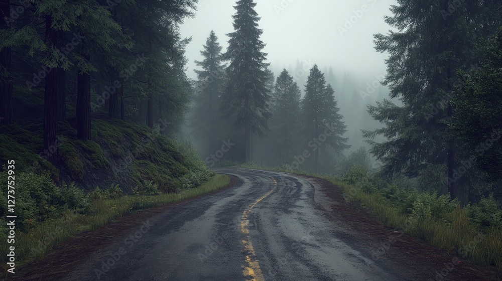 Misty, rain-soaked road winding through a dense, evergreen forest.