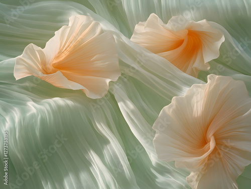 Soft chiffon drapes with delicate peach flowers create serene atmosphere