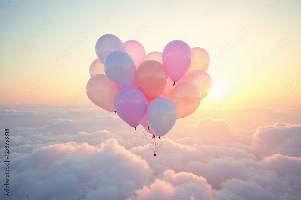 Obraz premium Heart-Shaped Cluster of Pastel Balloons Floating Above the Clouds at Sunset. Heart in the sky