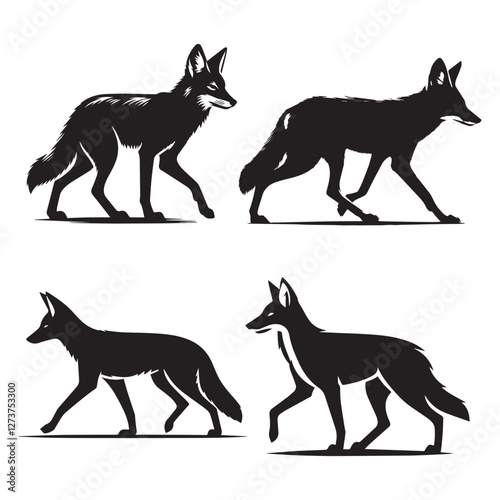 High-Quality Jackal Walking Silhouette Vector Illustrations Black Silhouette Isolated on White Background"