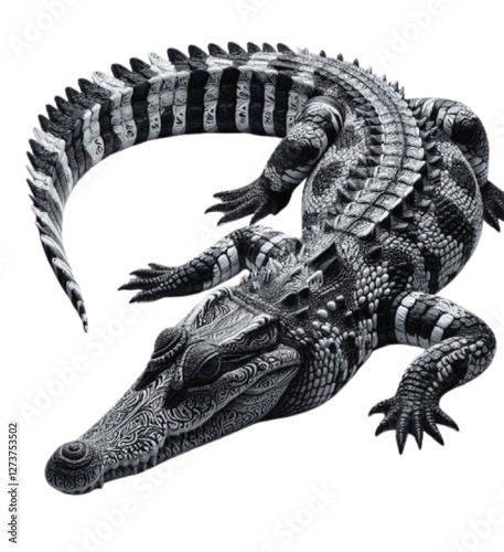 A black and white crocodile image with white background