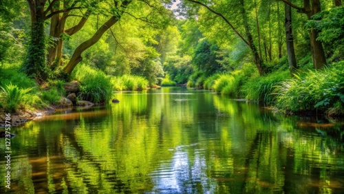 Stream Surrounded by Lush Greenery, Water Reflections and Ripples, foliage