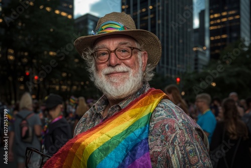 A happy older man is seen smiling, with a rainbow flag casually thrown over his shoulder, embodying the values of pride, diversity, and acceptance in support of the LGBT community photo