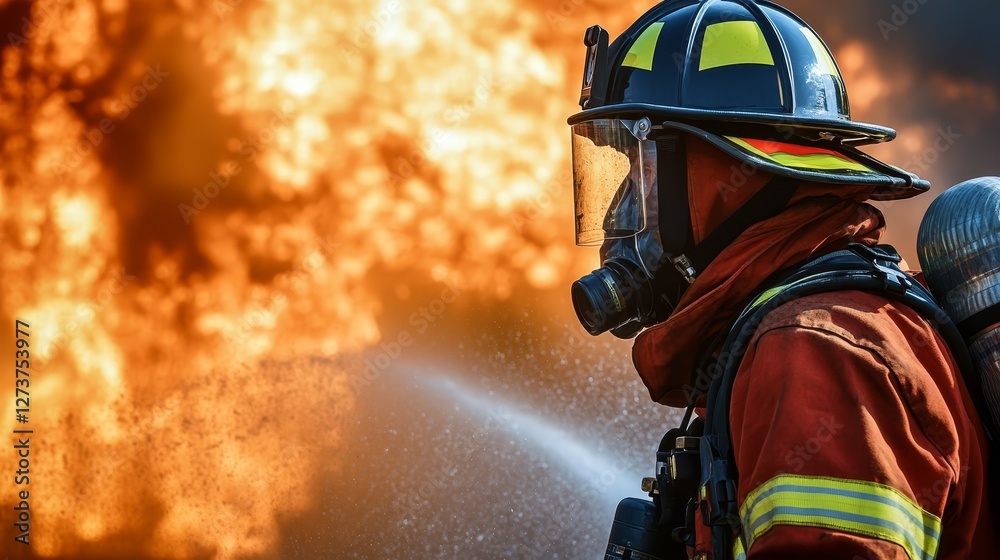 A brave firefighter in protective gear is fighting the flames, focused on extinguishing the fire. The dramatic background of the orange flames highlights the tension of the situation A brave firefighter in protective gear is fighting the flames, focused on extinguishing the fire. The dramatic background of the orange flames highlights the tension of the situation