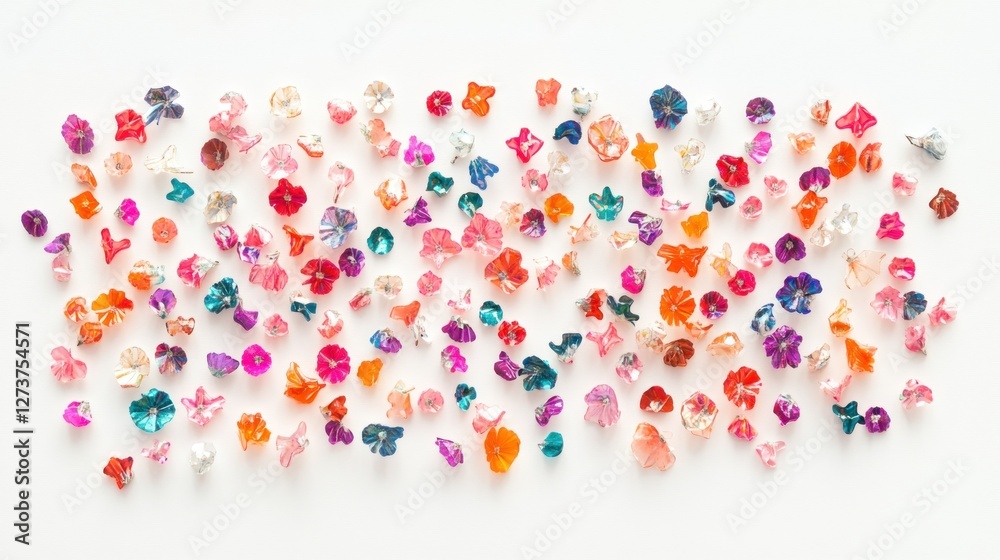 A vibrant collection of colorful, small crystal-like objects arranged on a white background. A vibrant collection of colorful, small crystal-like objects arranged on a white background.
