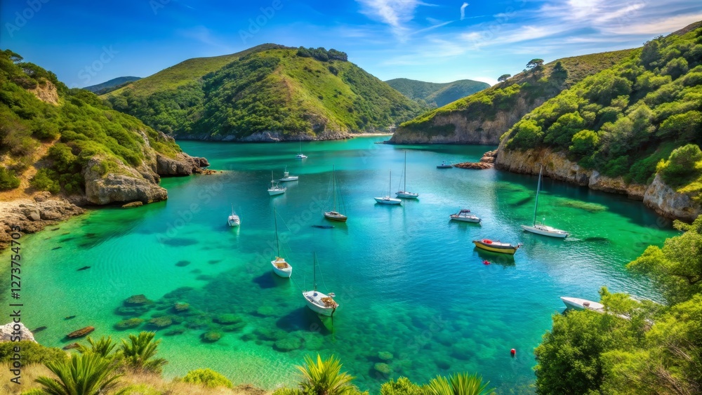 Fototapeta premium Serene Coastal Cove with Boats and Lush Greenery Under Blue Sky