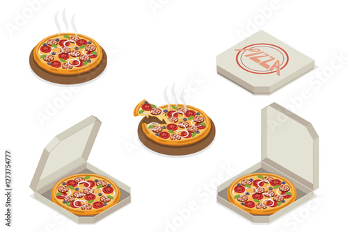Italian pizza set. Hot pizza on a wooden plate, in cardboard delivery box. 3d vector isometric illustration isolated on white background