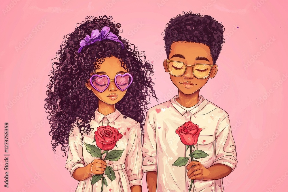Stock features a fictional cartoon couple that embodies inclusivity and diversity Stock features a fictional cartoon couple that embodies inclusivity and diversity