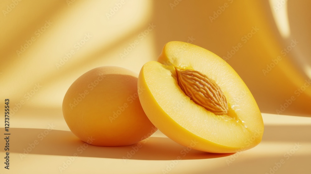 3D Rendering of a Juicy Peach Cut in Half on a Soft Background