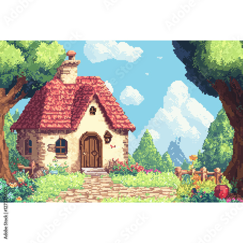 Pixel game illustration cottage nature vector