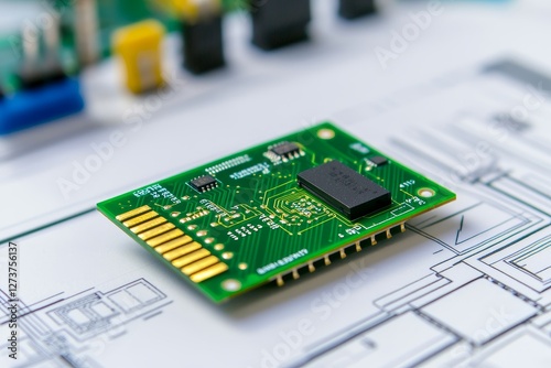 The printed circuit board includes electronic chips and an electronic schematic