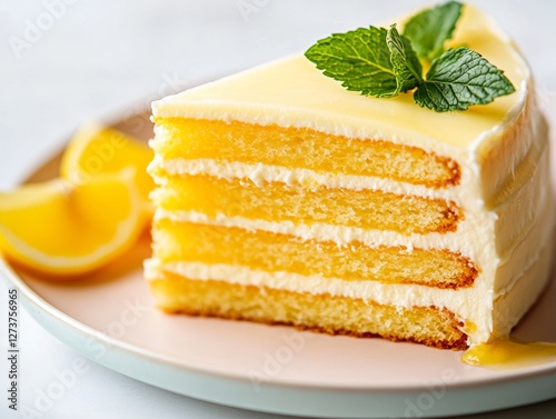 Contemporary Spring Elegance Lemon Chiffon Cake Slice on Pastel Plate - National Lemon Chiffon Cake Day Celebration and Easter Brunch for Modern Culinary Artistry photo