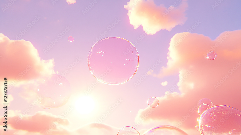 Bubbles floating in a pastel sky during sunset, creating a serene and dreamy atmosphere Bubbles floating in a pastel sky during sunset, creating a serene and dreamy atmosphere